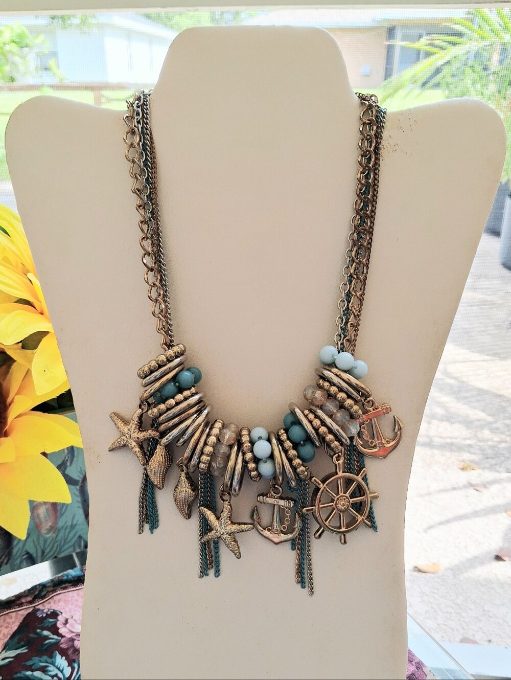 Nautical Charm Statement Necklace - Turquoise and Gold By Jules Smith